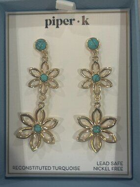 Piper K Dangle Drop Flower Floral Earrings Reconstituted Turquoise Earrings